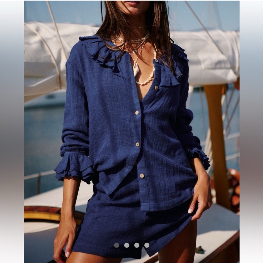 Navy Ruffled Button-Up Blouse and shorts Set